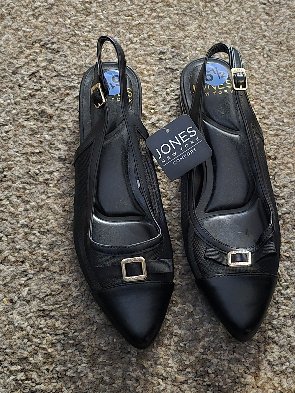 Jones New York Black Pointed-Toe Slingback Flats with Gold Buckle